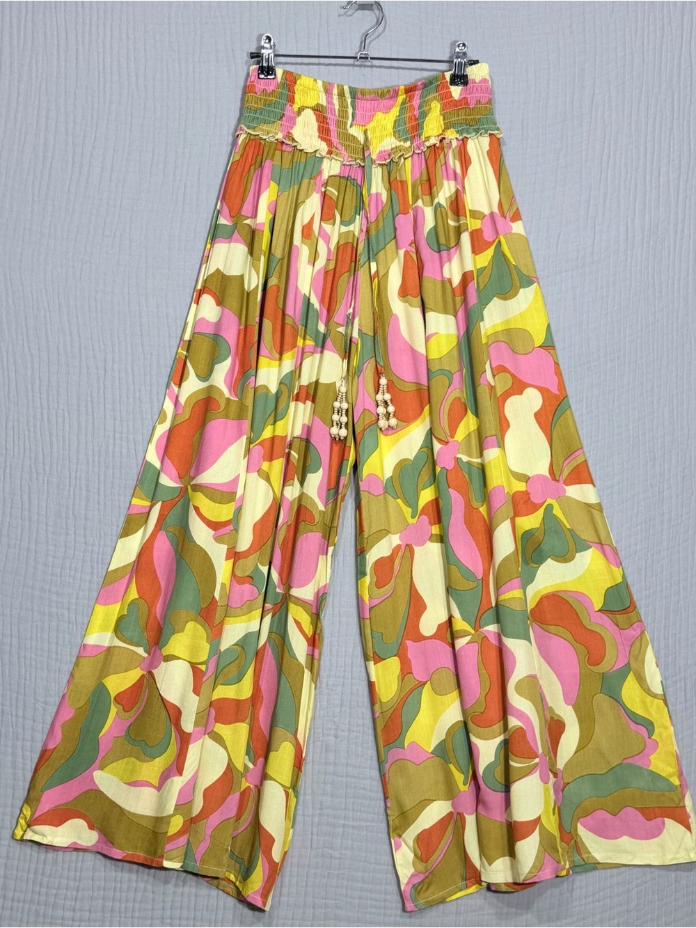 Smocked-Waist Wide Leg Palazzo Pants in Pink & Olive Abstract - Picture 2 of 8